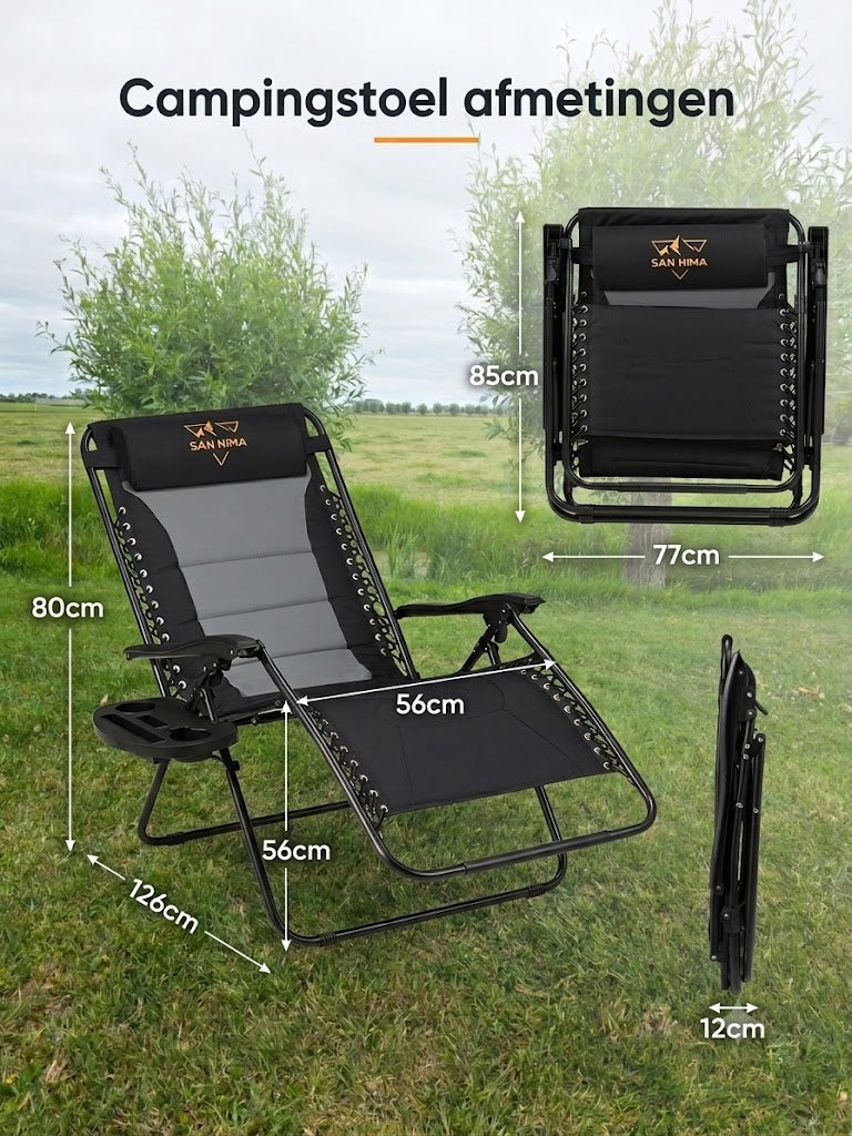 Afmetingen SAN HIMA campingstoel: 126 x 80 cm in ligstand, opgevouwen slechts 12 cm dik