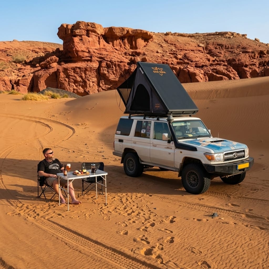 Kampeerder relaxt aan campingtafel naast 4x4 met opengeklapte LCM Dune daktent in de woestijn