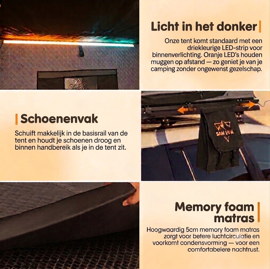 Kenmerken SAN HIMA daktent: LED-strip binnenverlichting, schoenenvak en 5 cm memory foam matras