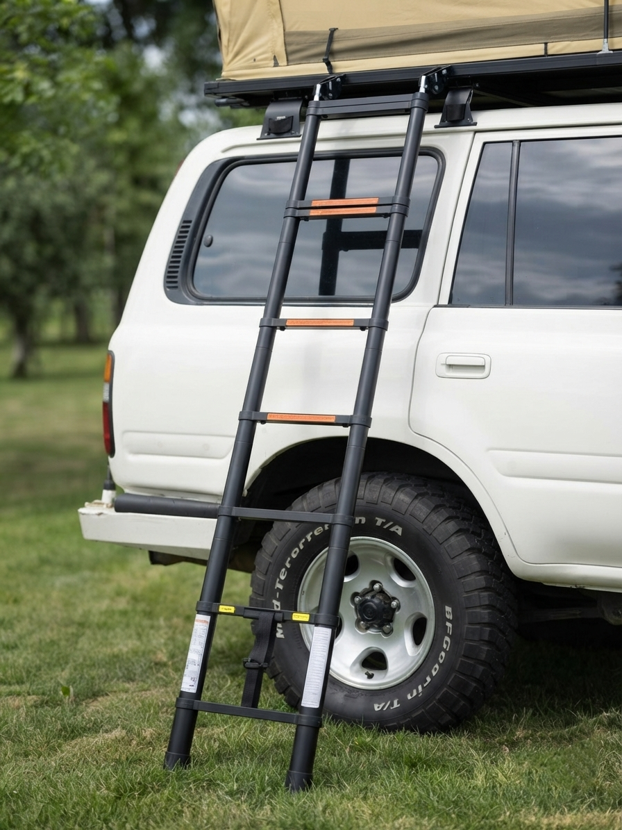 Telescopische ladder met antislip treden aan de LCM Savannah daktent, gemonteerd op een Toyota Land Cruiser