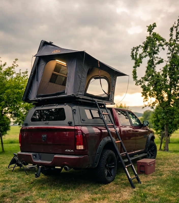 LCM Oasis 3-persoons daktent met luifel opengeklapt op pick-up bij avondlicht