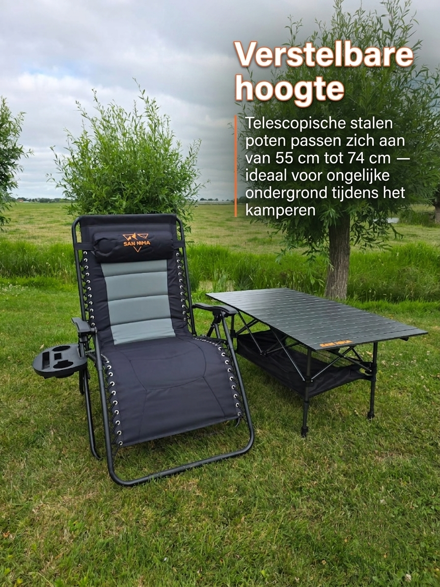 Verstelbare hoogte: telescopische stalen poten van 55 tot 74 cm – SAN HIMA campingtafel en stoel